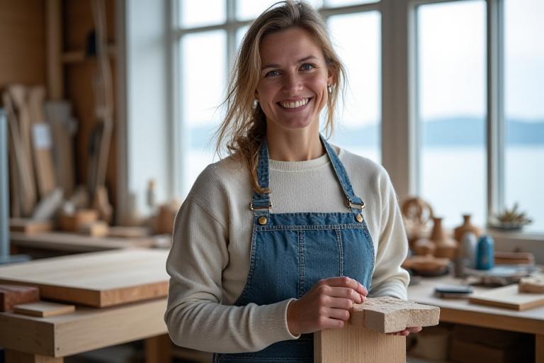 Elin Sjöberg, Korallhems grundare, i en ljus snickeriverkstad intill havet