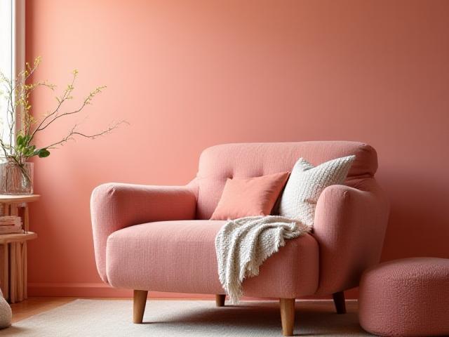 Bekväm fåtölj i korallfärgad ton
