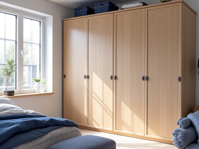 Rymlig garderob i ljust återvunnet trä med beslag av metallankare, i ett sovrum med havstema