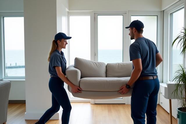 Professionell leveranspersonal som bär in en keps i ett ljust hem