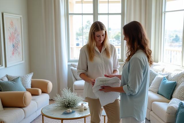 Bild på inredningskonsultation där en designer visar tygprover för en kund med marin inredningsstil