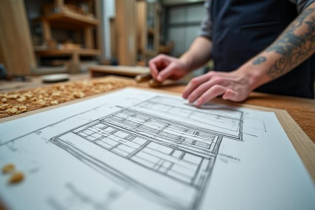 Ritning för en skräddarsydd möbel med snickarverkstad i bakgrunden
